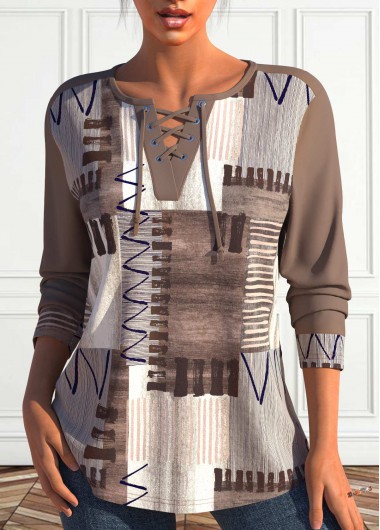 Modlily Light Coffee Lace Up Geometric Print Long Sleeve Sweatshirt