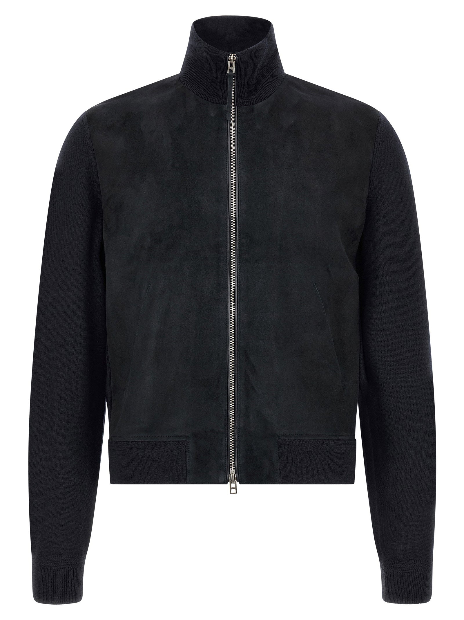 Two-Material Suede and Merino Wool Cardigan — Black