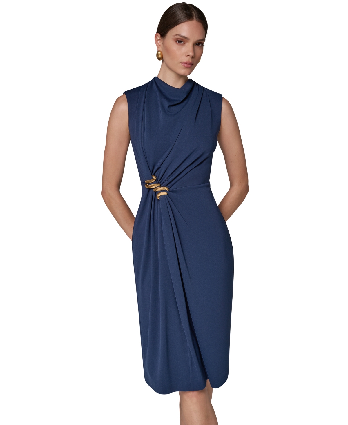 Women's Sleeveless Mock Neck Gathered Waist Midi Dress - Night Sky