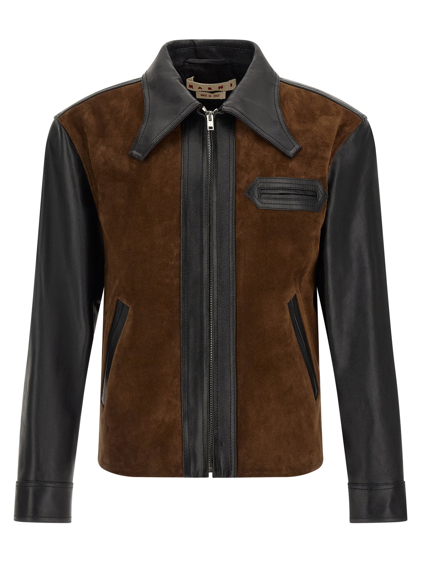 Suede and Calfskin Color-Block Jacket — Brown