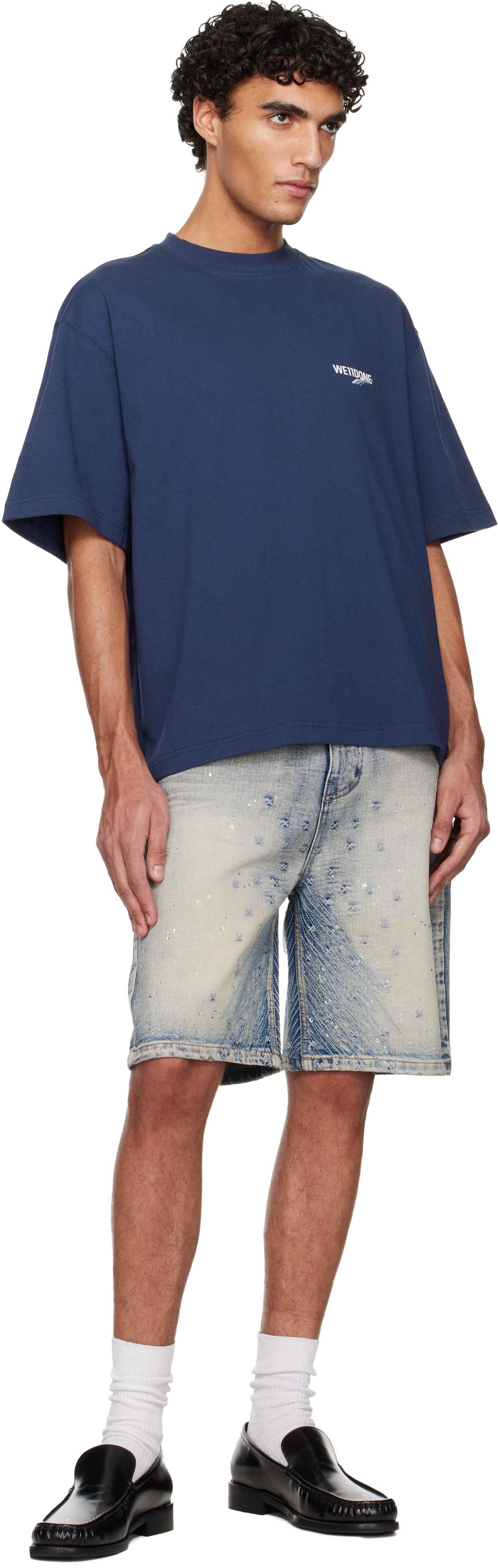 Blue Embroidery Washed Denim Shorts
