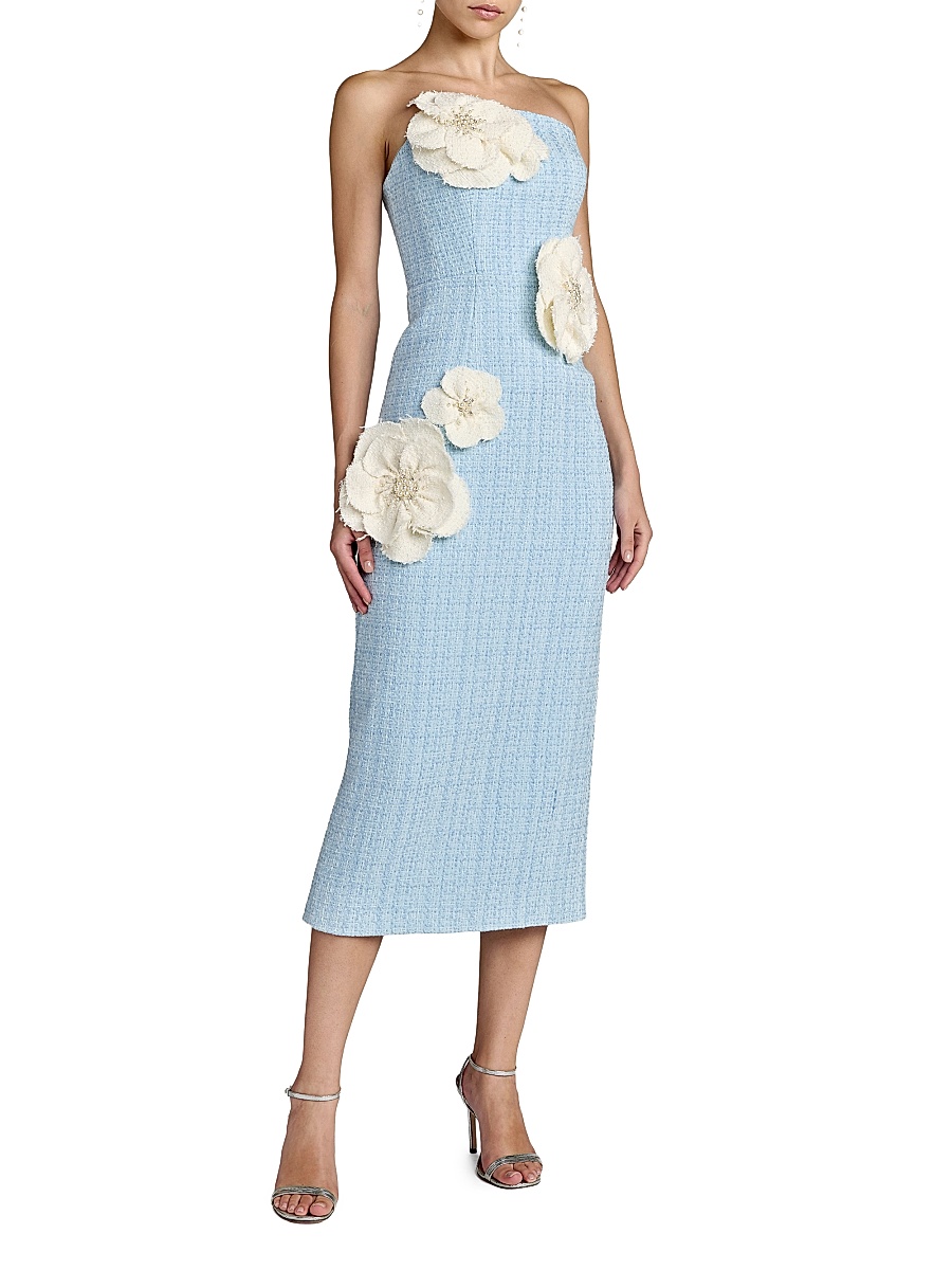 Women's Floral Appliqué Bouclé Strapless Midi-Dress - Powder Blue Multi