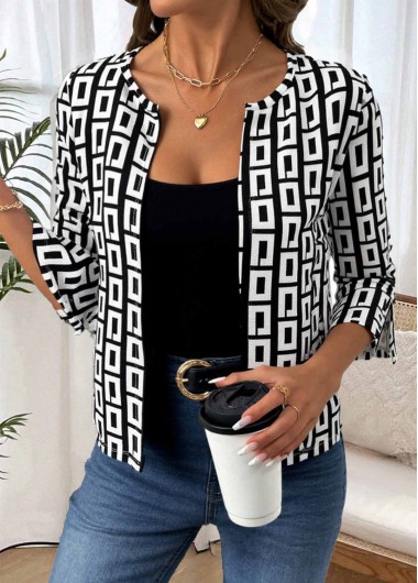 Modlily Black Geometric Print 3/4 Sleeve Coat