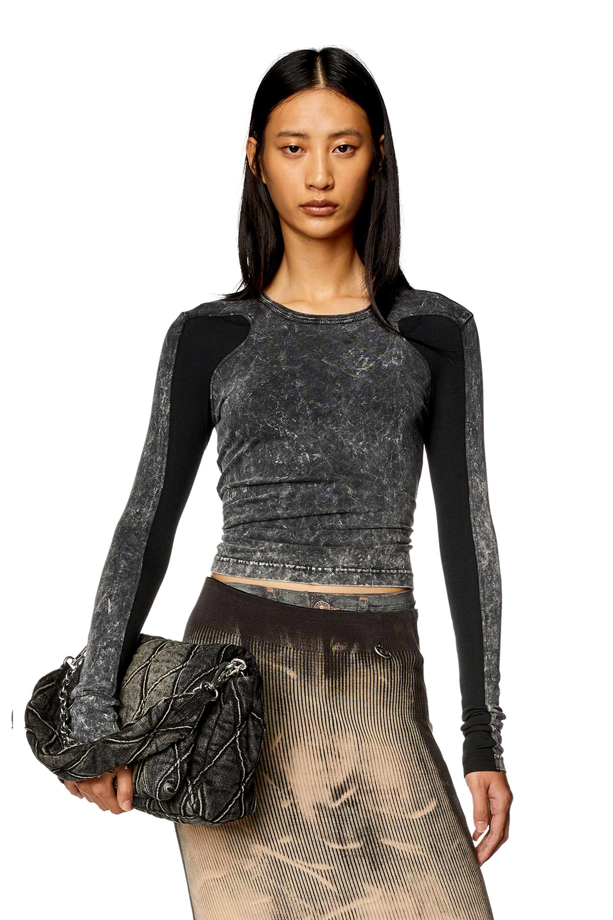 Marbled top with ribbed sleeves - T-Shirts - Woman - Black