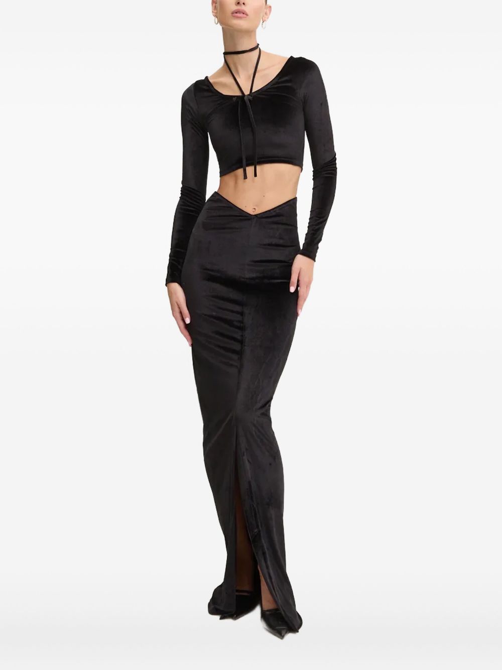 Tie-neck velvet top - Black