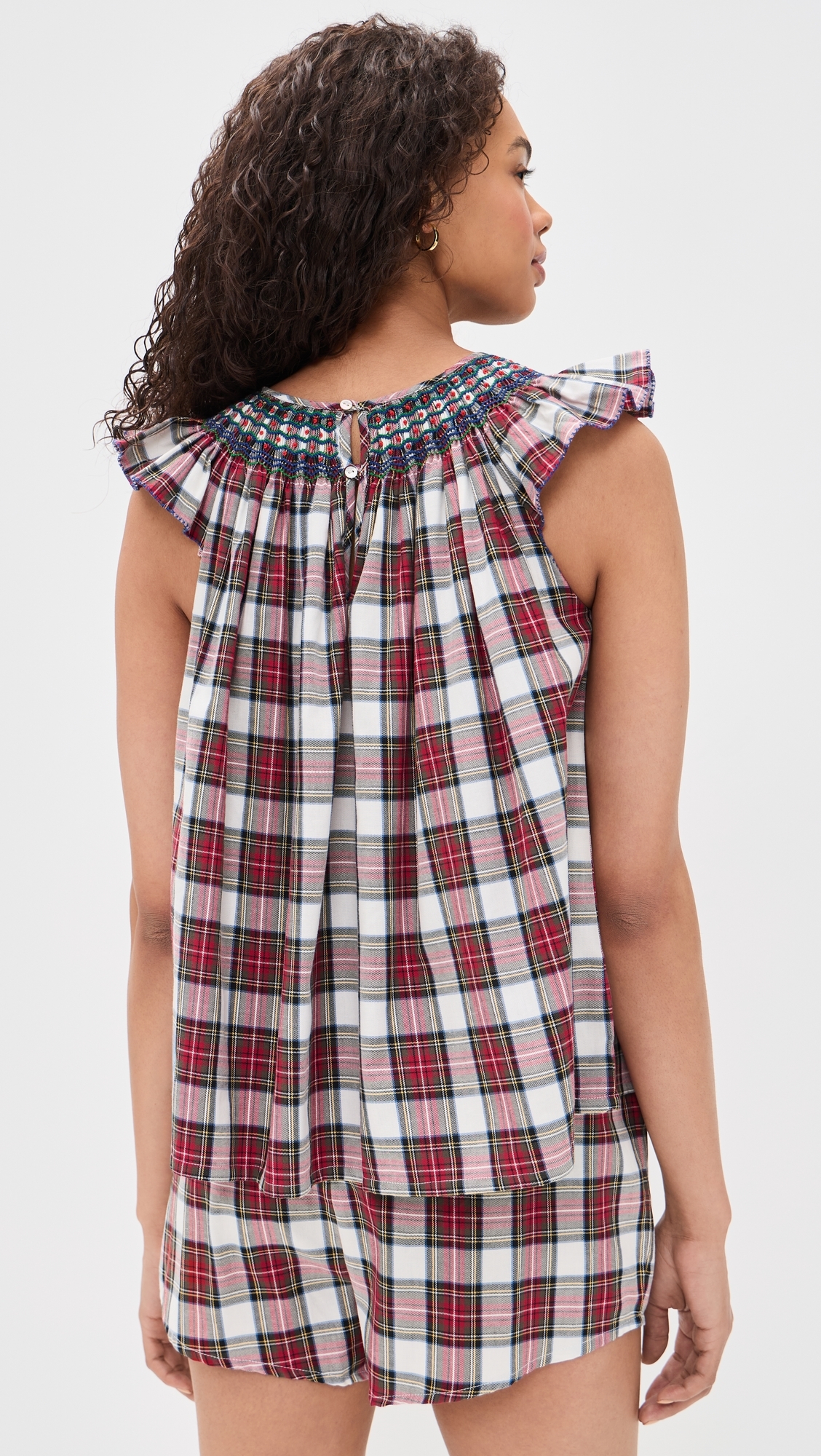 Smocked Short Pajama Set Cotton White Tartan