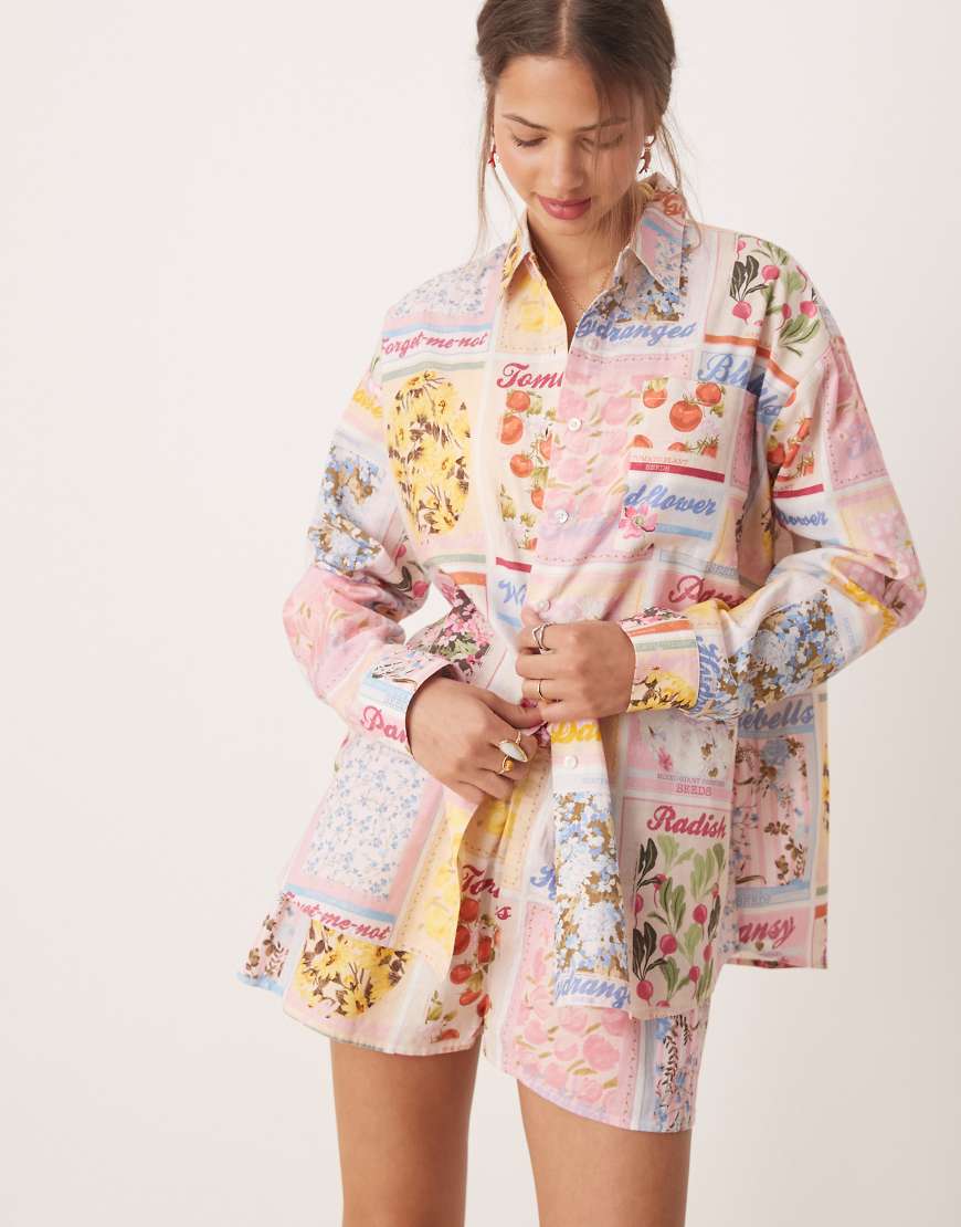 Oversized shirt in postcard print-Multi