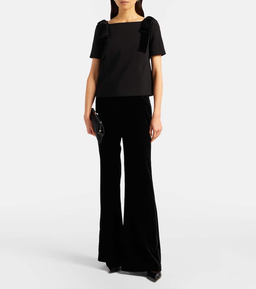 Bow-detail velvet-trimmed crêpe top