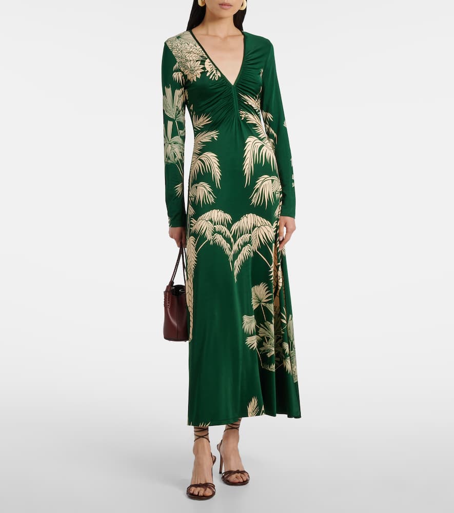 Printed ruched jersey midi dress