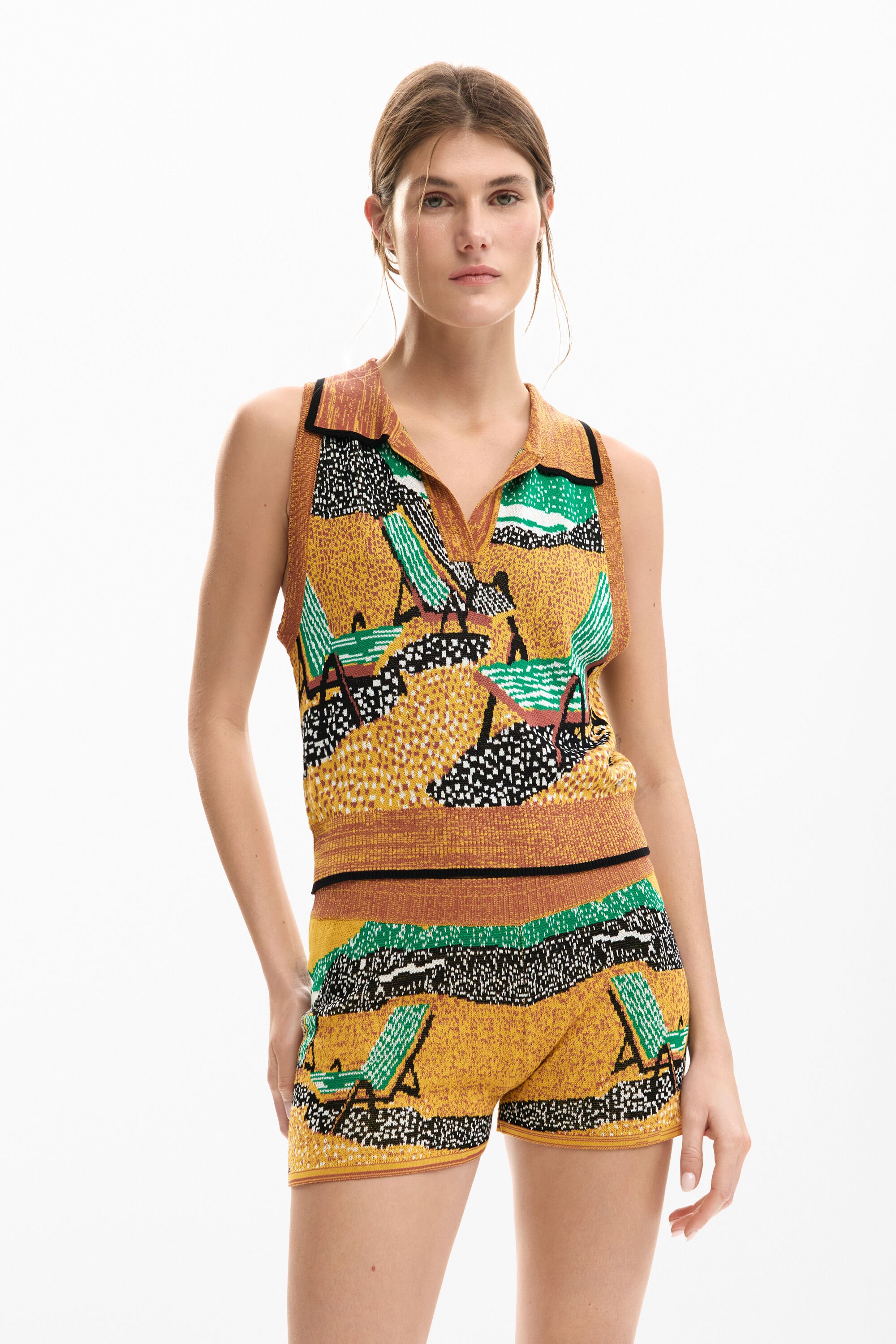 Sleeveless jacquard T-shirt