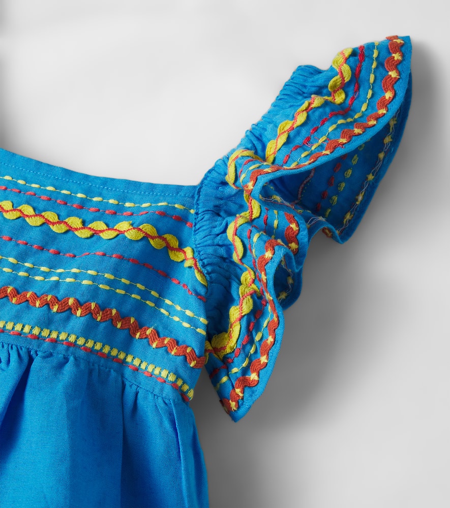 Embroidered shirred linen and cotton top