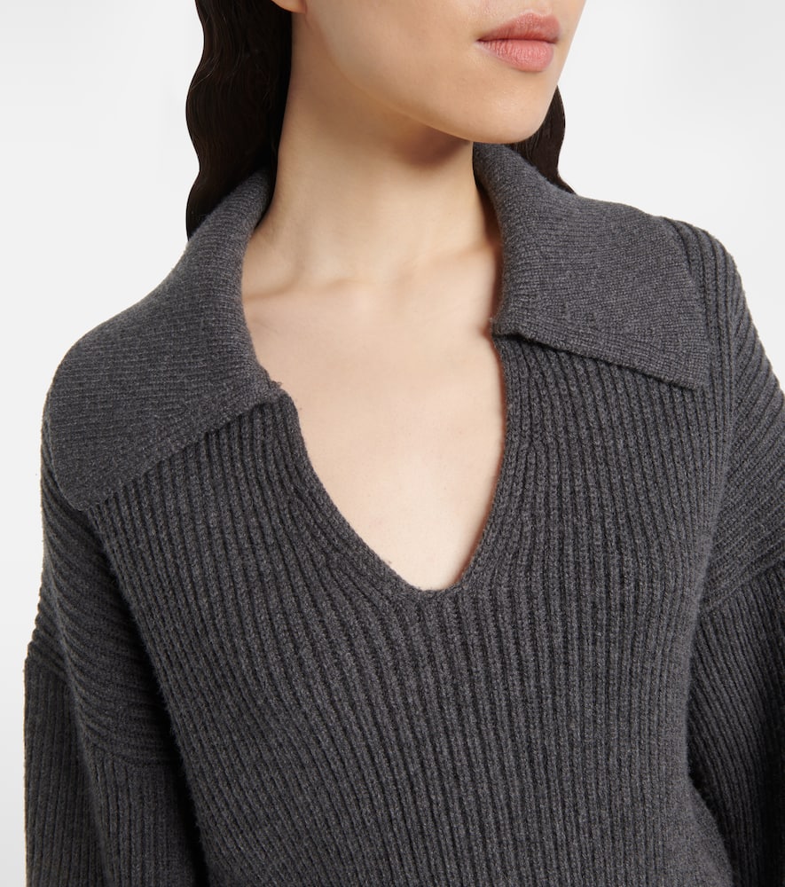Ribbed-knit wool-blend polo sweater