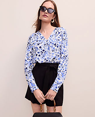 Ann Taylor Paisley Mixed Media Pleat Front Top