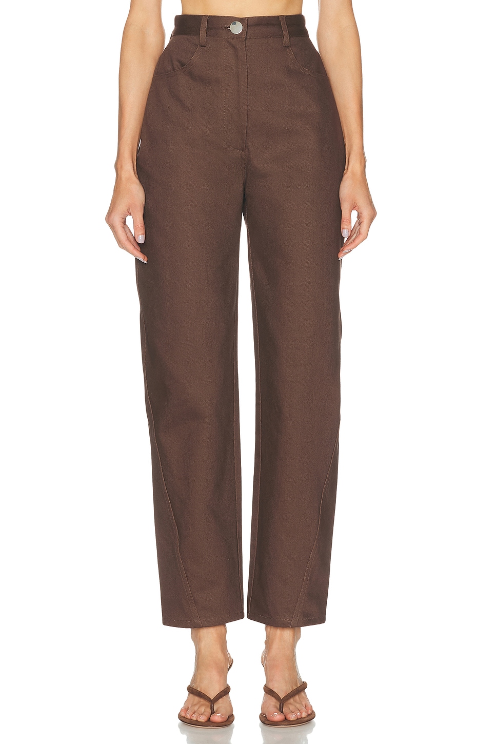 MATTHEW BRUCH High Waist Twist Seam Straight Leg in Chocolate Brown Denim - Chocolate. 0 also , 4