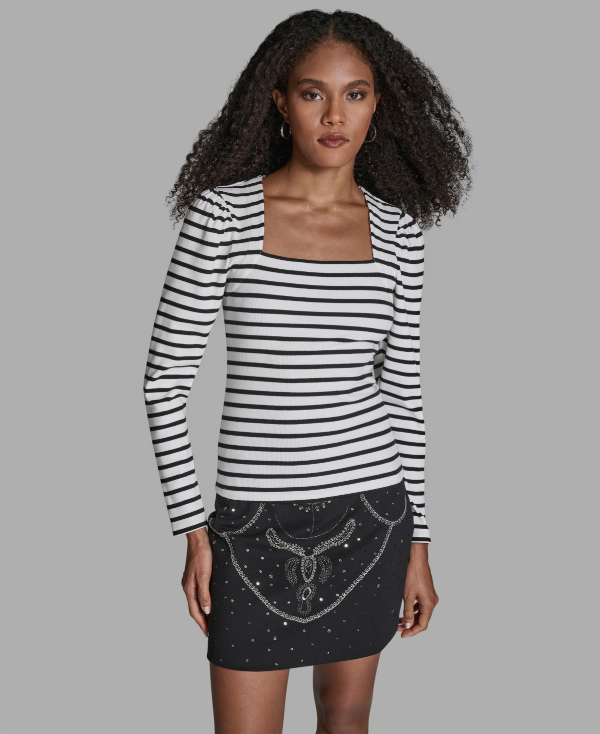Women's Stripe Square Neck Long-Sleeve Top - White/black Stripe