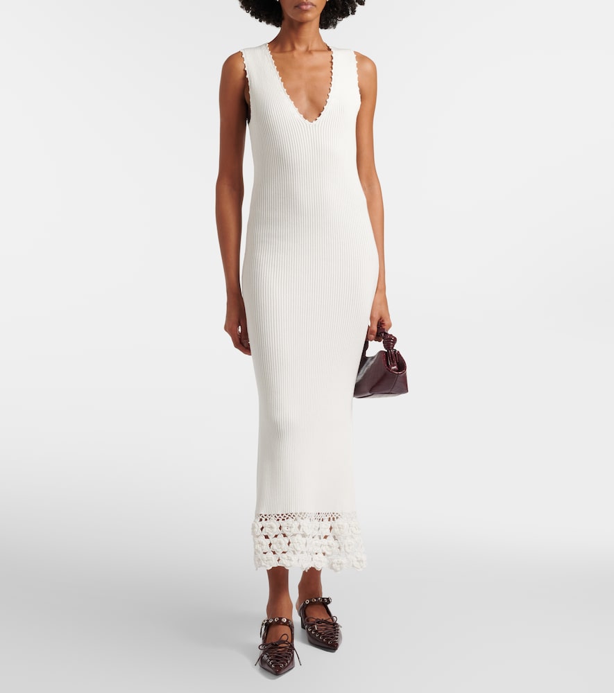 Crochet-trimmed ribbed cotton-blend midi dress