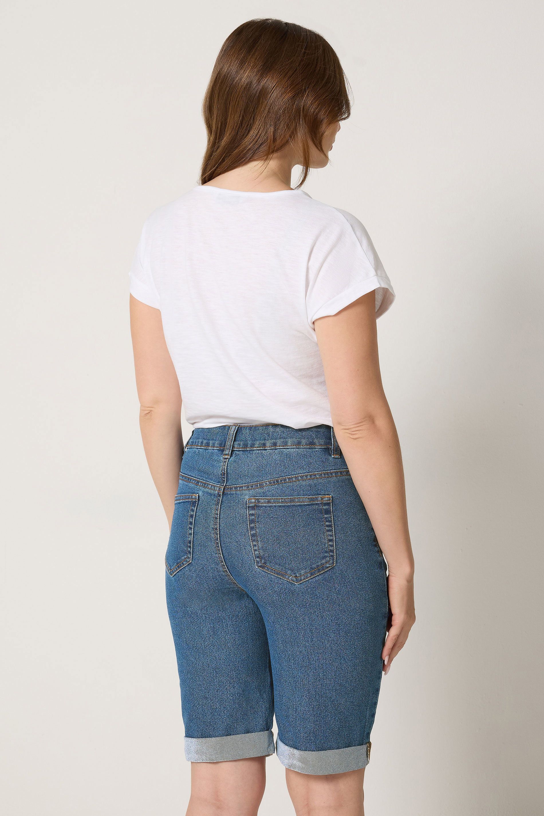 M&co Turn Up Denim Shorts In Mid Blue