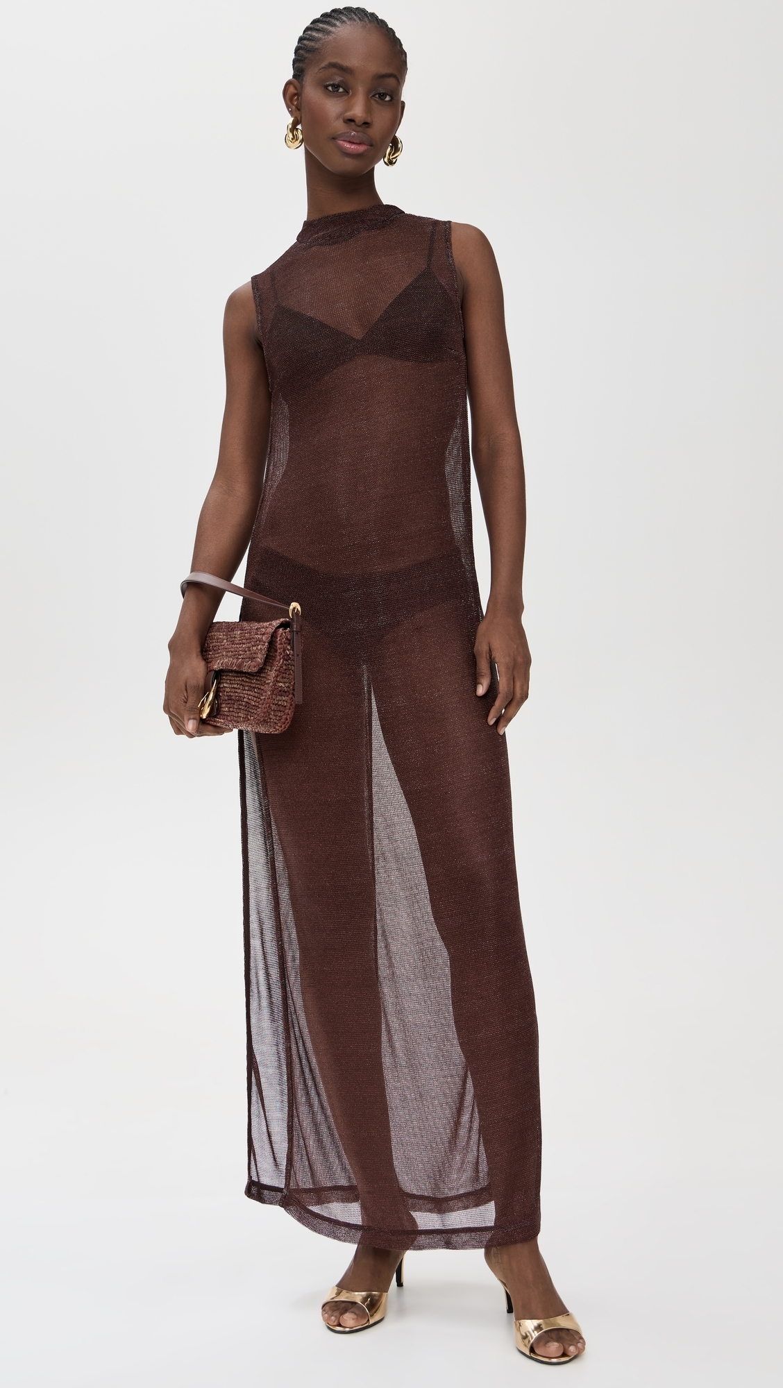 Mesh Sleeveless Dress Metallic Brown