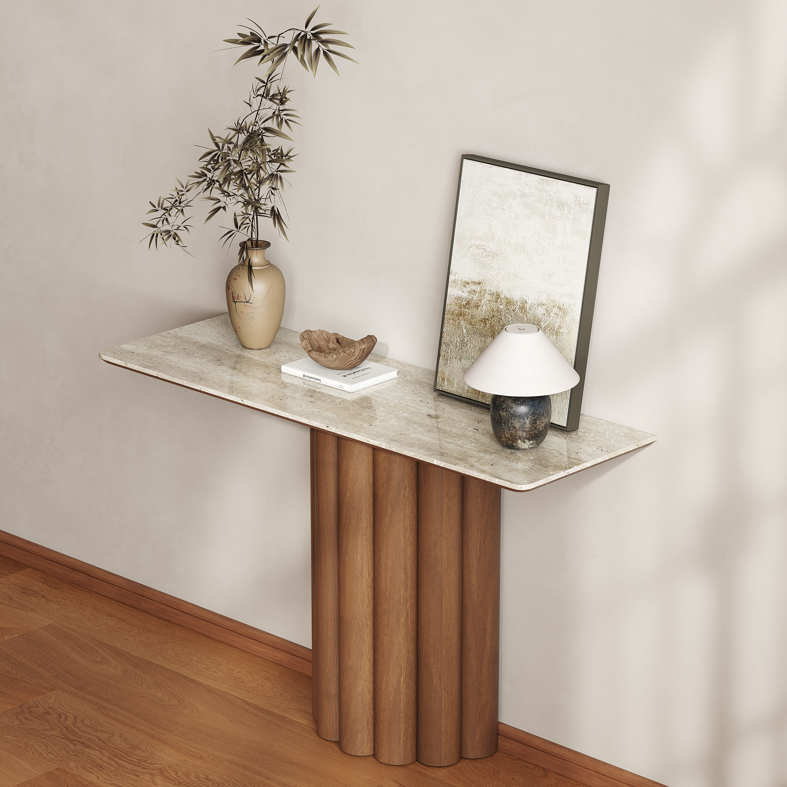 Travertine Top Console Table Solid Wood Entryway Furniture in Walnut & Beige (47'' Wide)