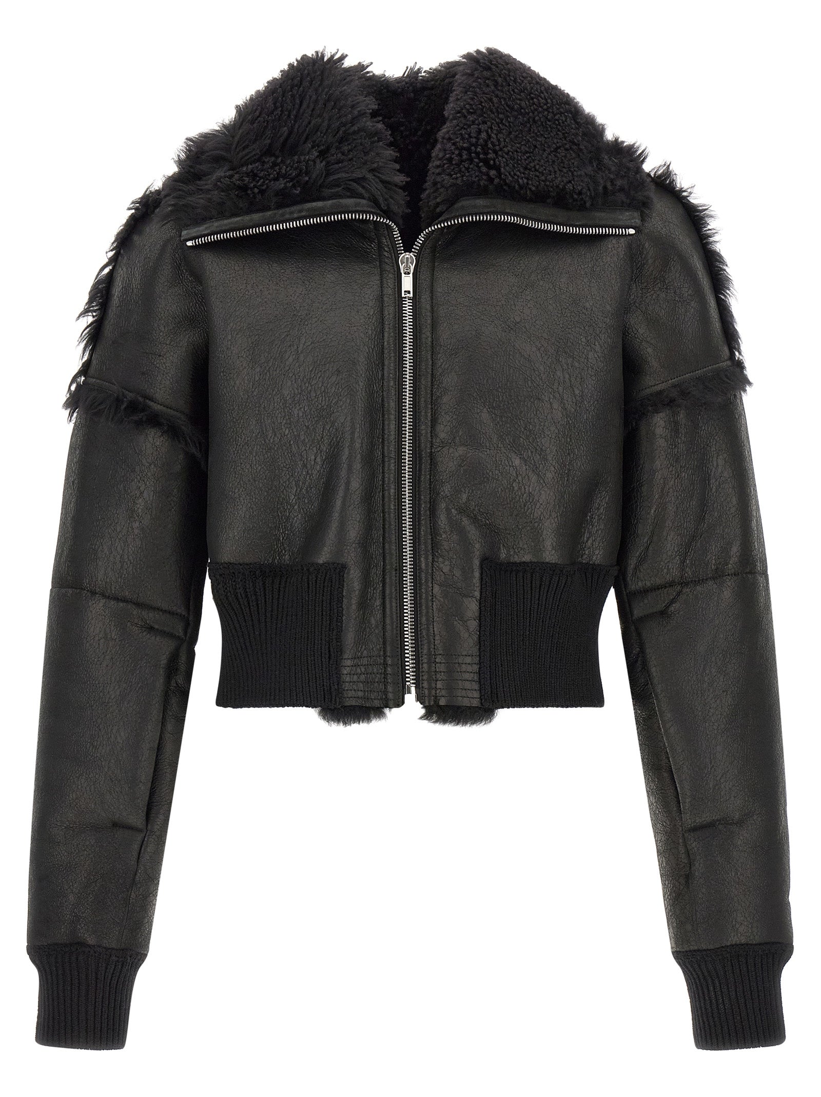 Lamb Fur and Leather Cropped Bomber Jacket — Black