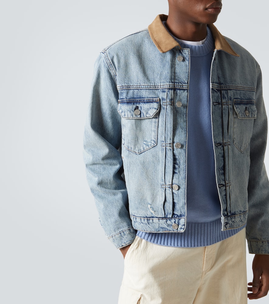 Distressed suede-trimmed denim jacket