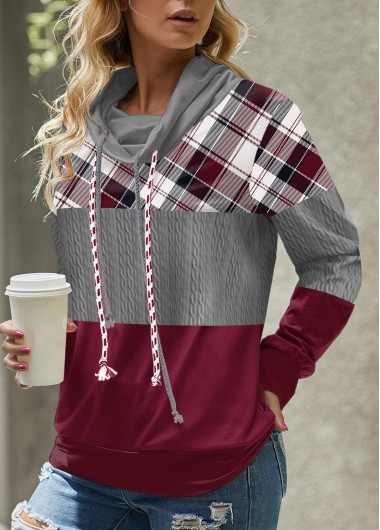 Modlily Patchwork Plaid Multi Color Long Sleeve Cowl Neck Sweatshirt