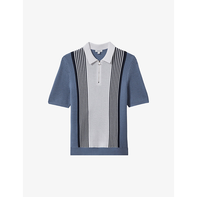 Mens Blue/white Berlin Half-zip Striped Knitted Polo Shirt