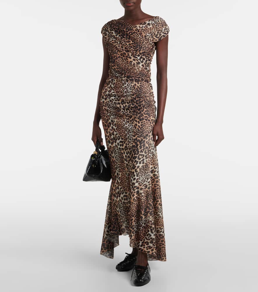 Ruched leopard-print mesh maxi dress