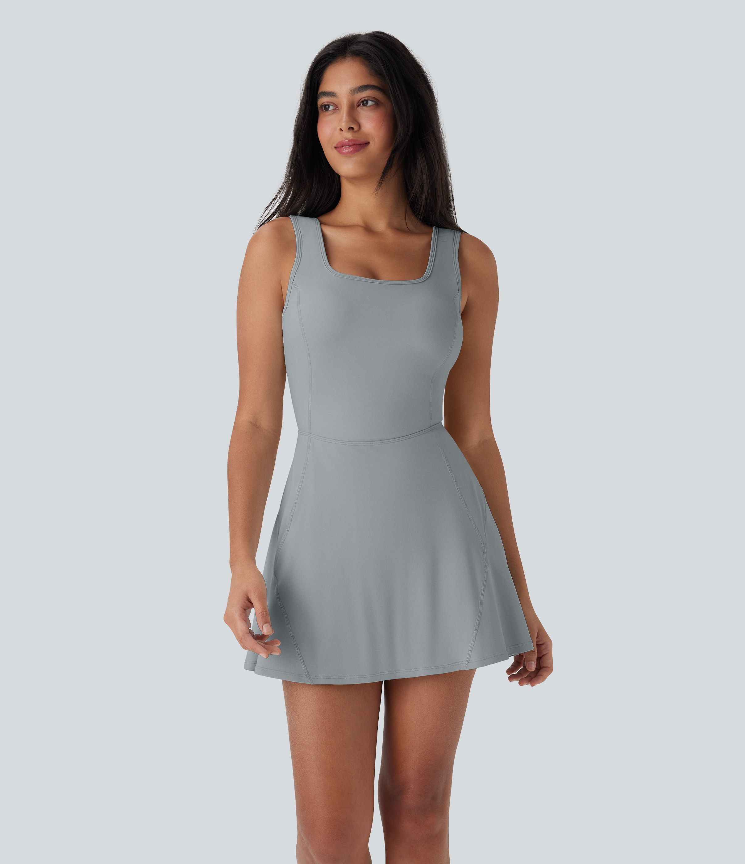 SoftlyZero™ Airy U Neck 2-in-1 Pocket Mini Cool Touch Dance Active Dress-Easy Peezy Workout Dress - Quarry