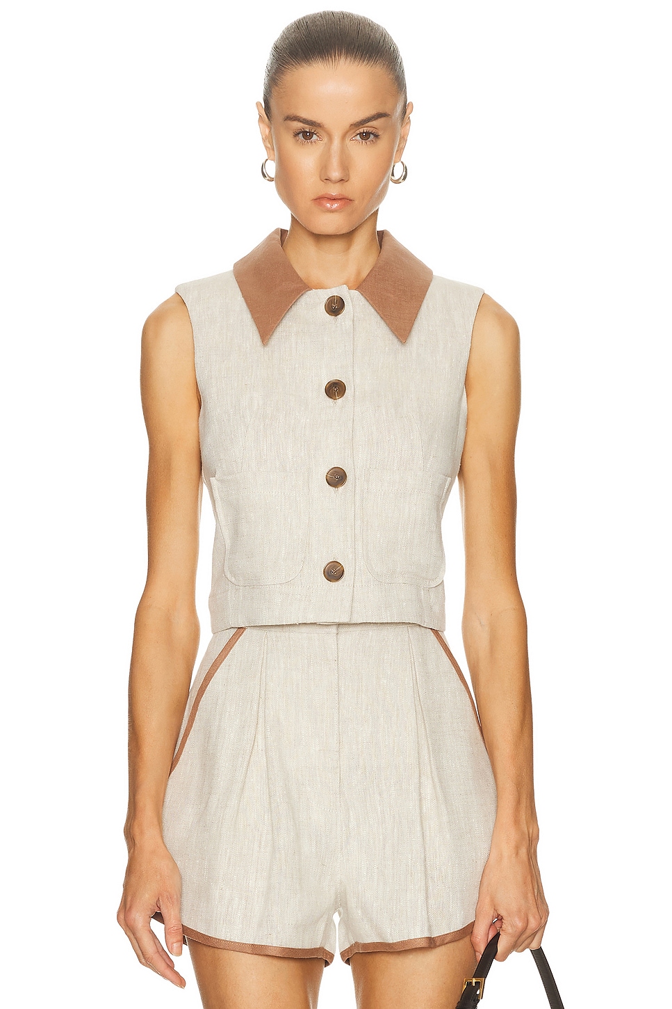 MATTHEW BRUCH Collared Vest Top in Oatmeal Linen - Cream. L also in