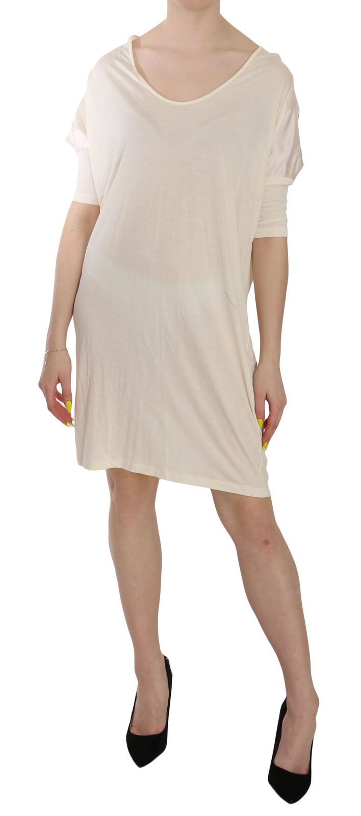 Cotton Blend Round Neck Dress — Cream