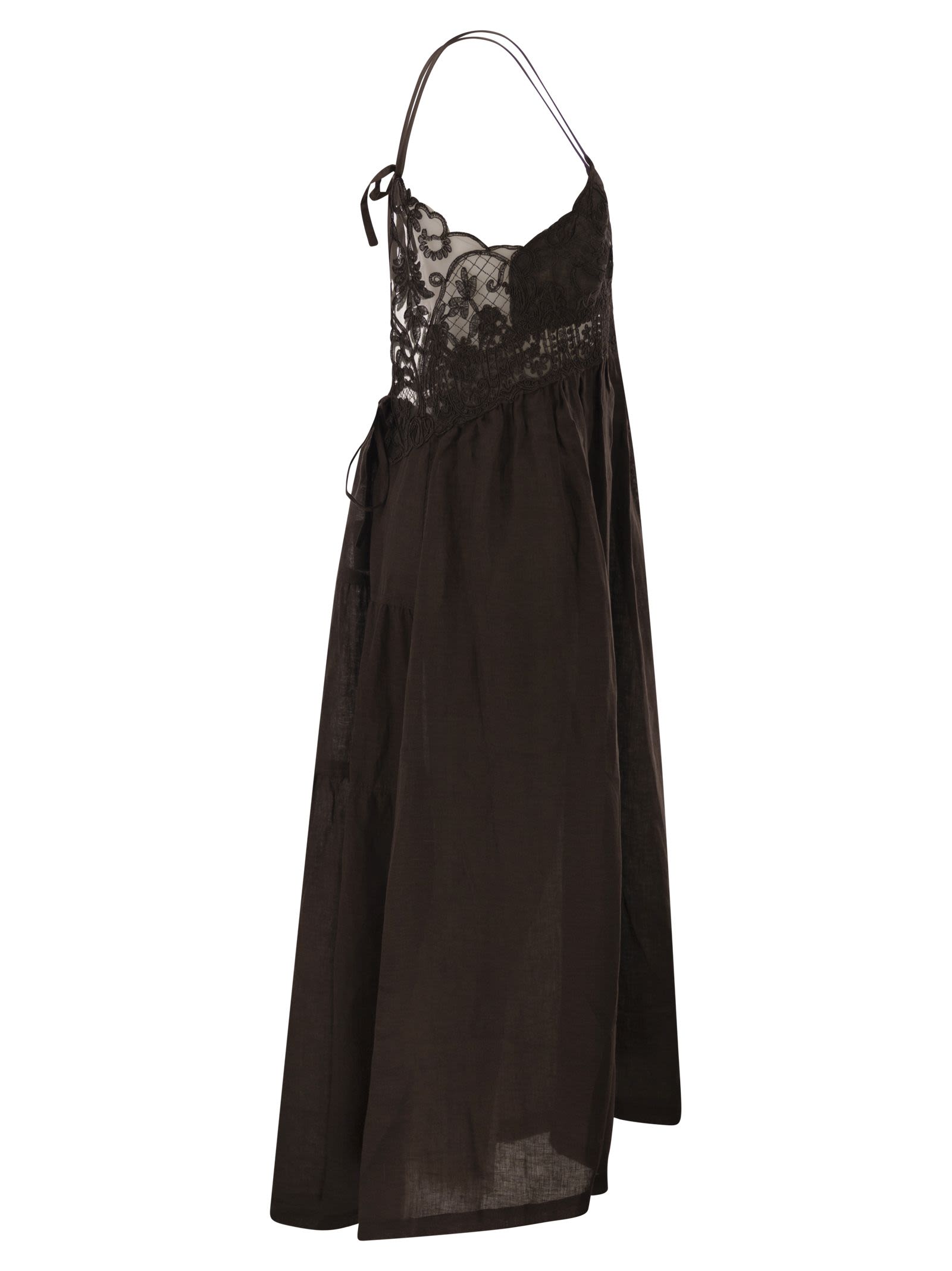Robe longue en lin Maurizio Mykonos avec corsage brodé et fines bretelle