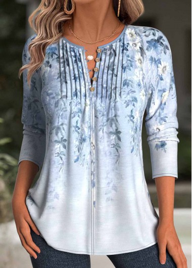 Modlily Light Blue Floral Print Long Sleeve T Shirt