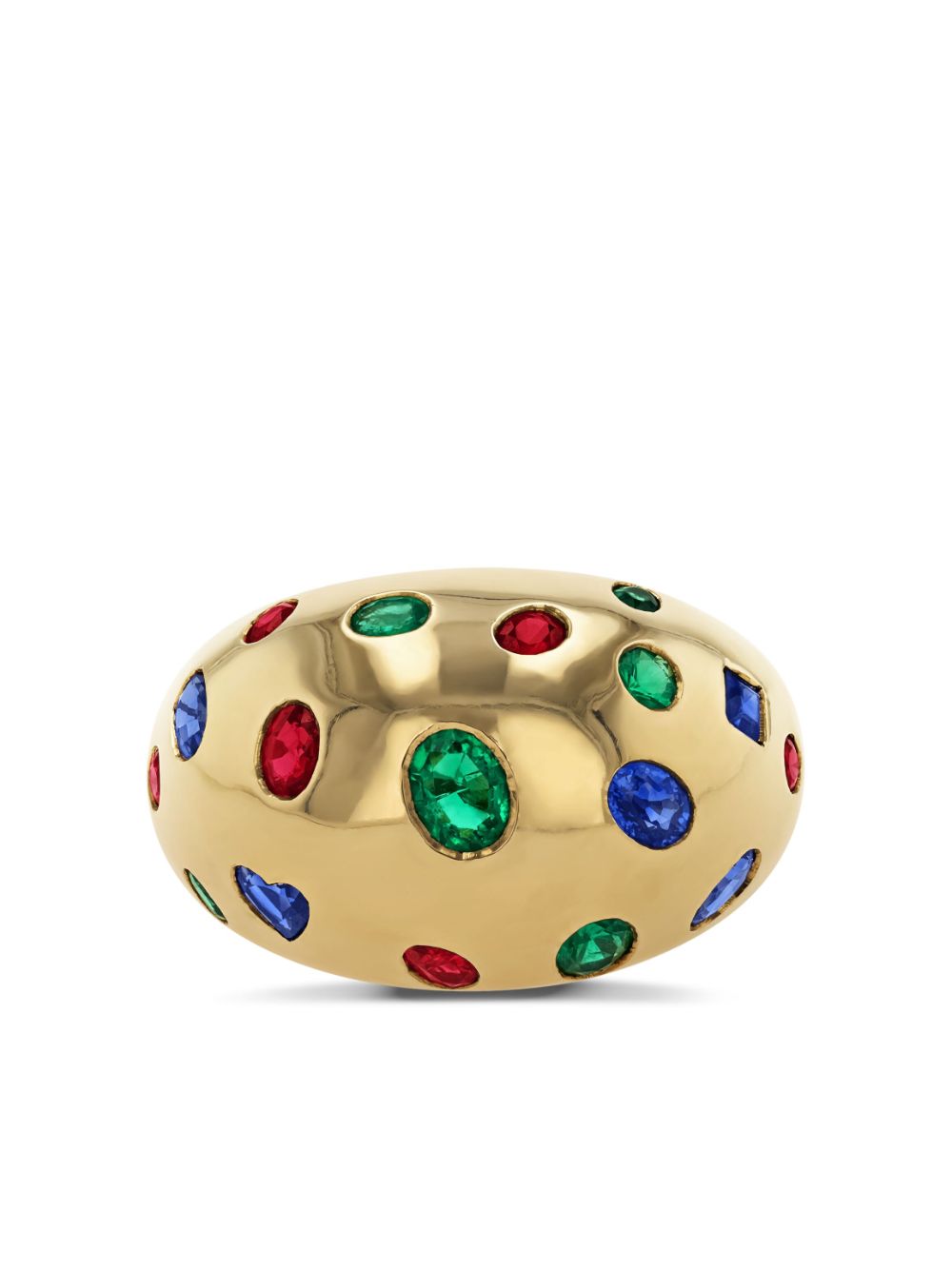 1990s 18kt yellow gold emerald, sapphire and ruby bombé ring