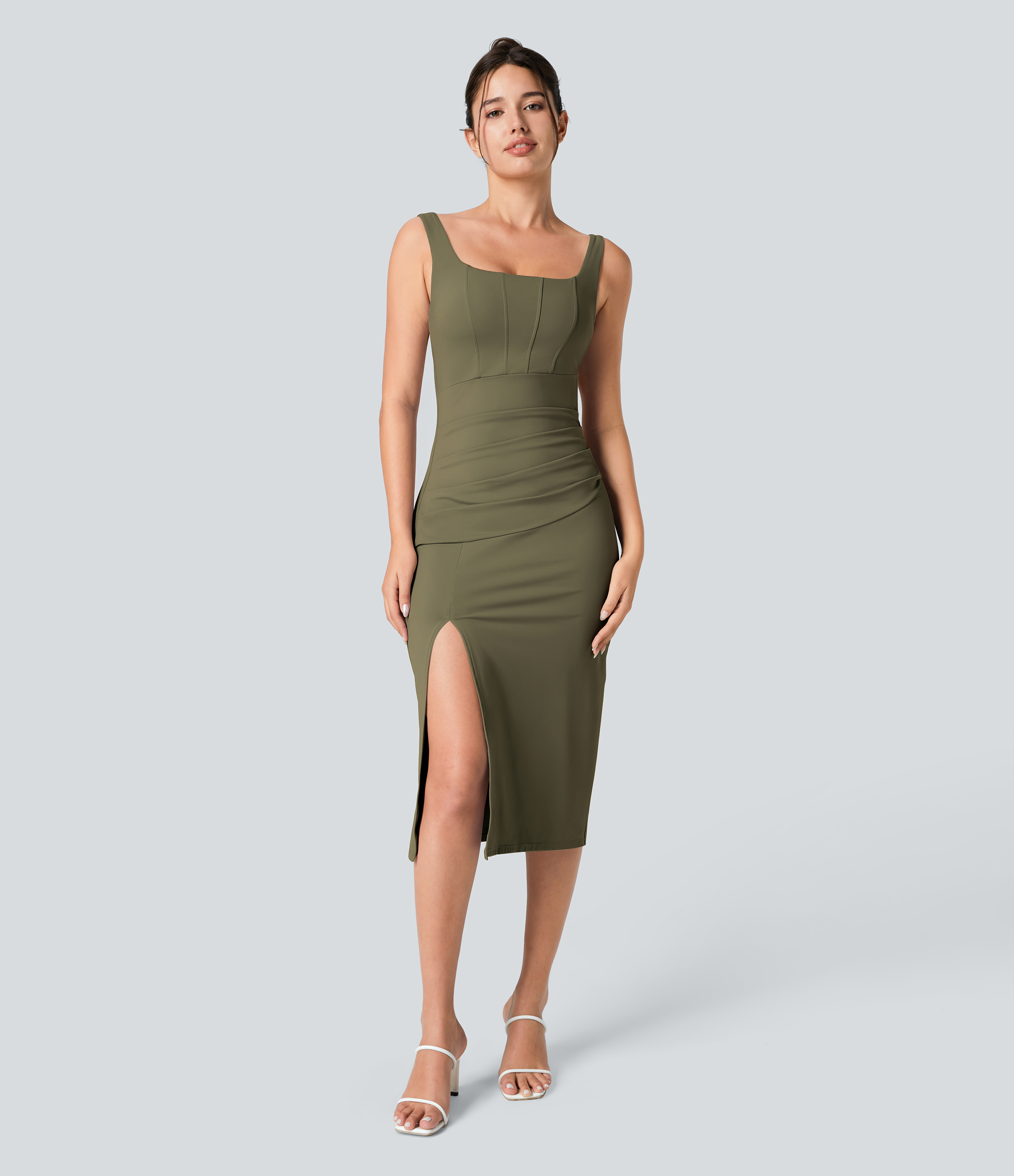 Softlyzero™ Airy Square Neck Backless Corset Ruched Split Bodycon Midi Cool Touch Bridesmaid and Wedding Guest Dress Casual Dress - Withered Green