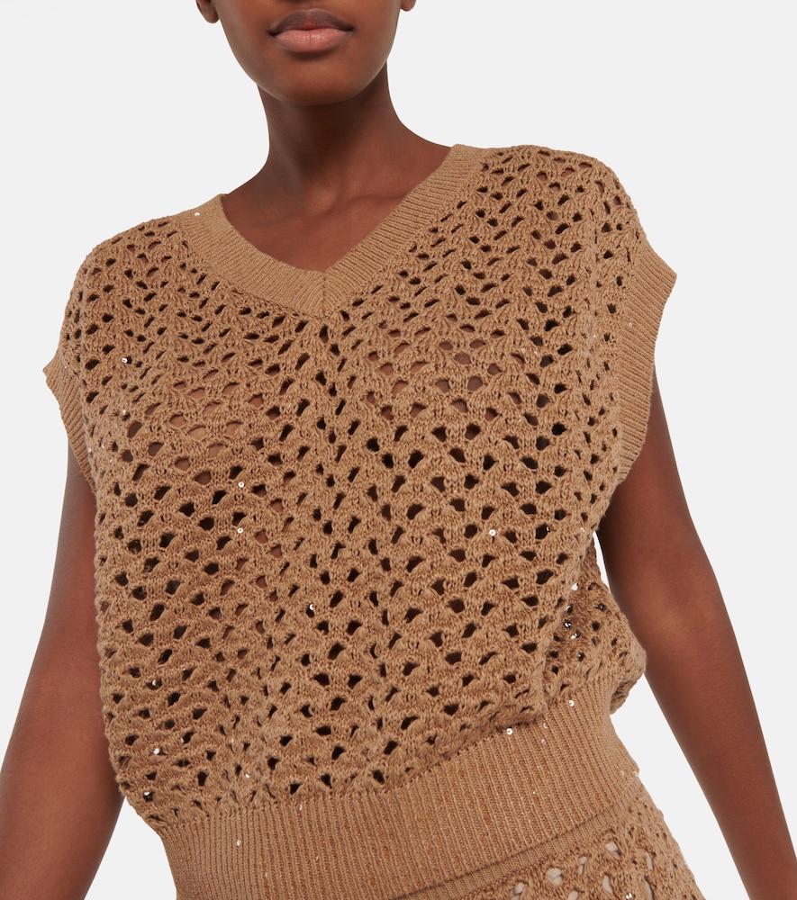 Open-knit cotton, linen and silk top