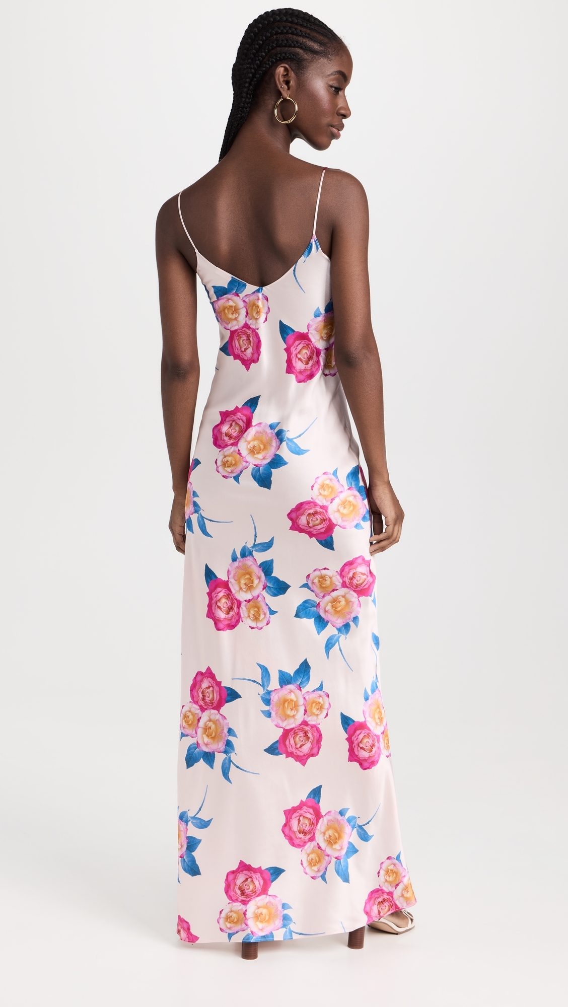 Pink and Blue Rose Printed Silk Bias Long Slip Dress Pink