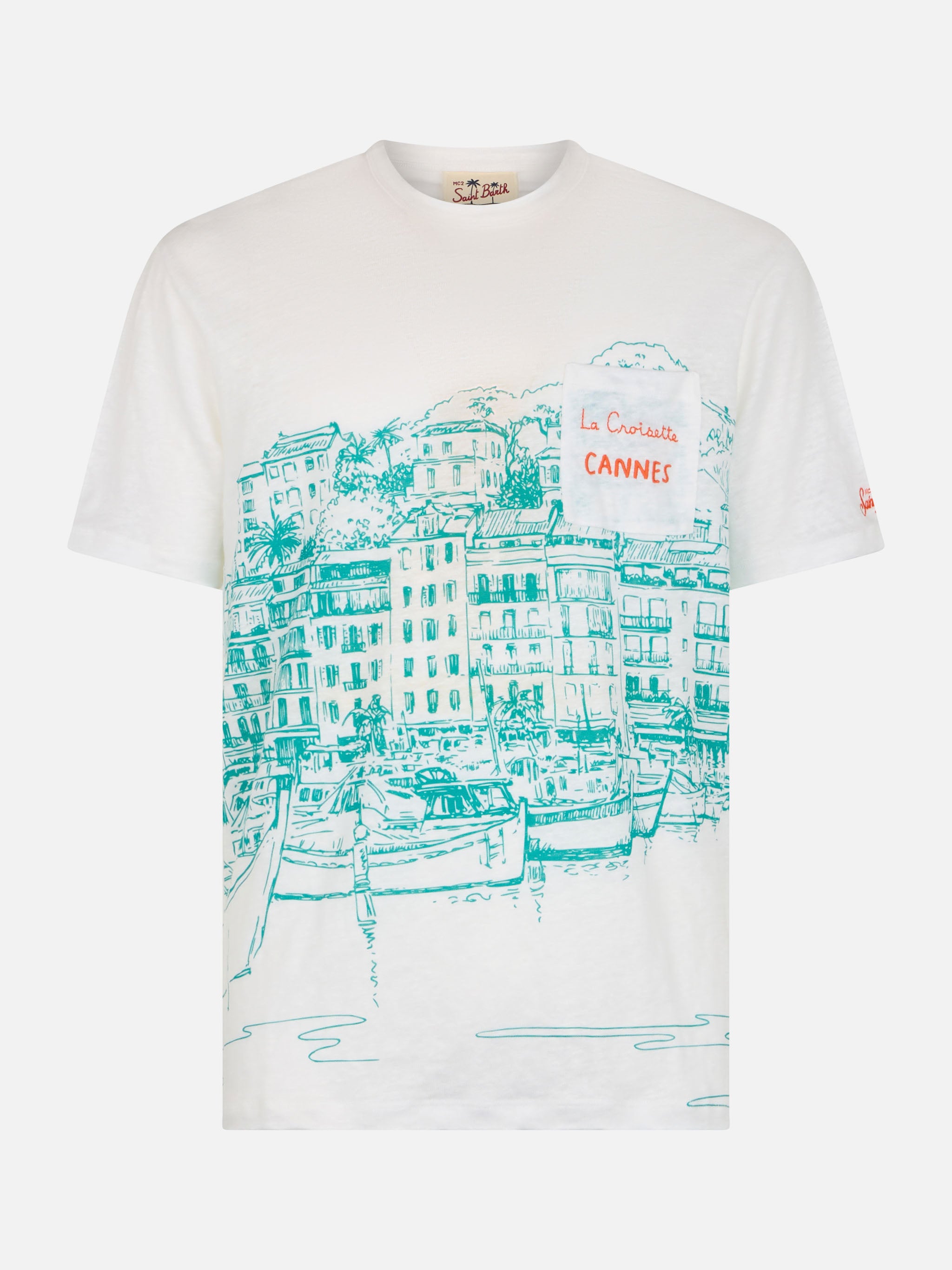 Man Linen Jersey T-Shirt Ecstasea With Cannes Placed Print And Embroidered Pocket White - Men