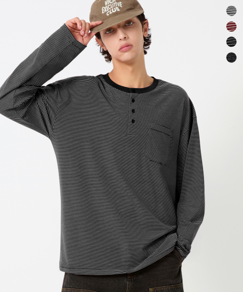 Thin Stripe Pocket Henry Neck Long Sleeve_4color