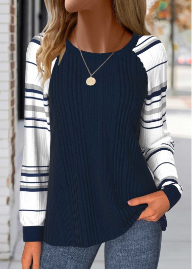 Modlily Navy Patchwork Striped Long Sleeve Round Neck Sweatshirt