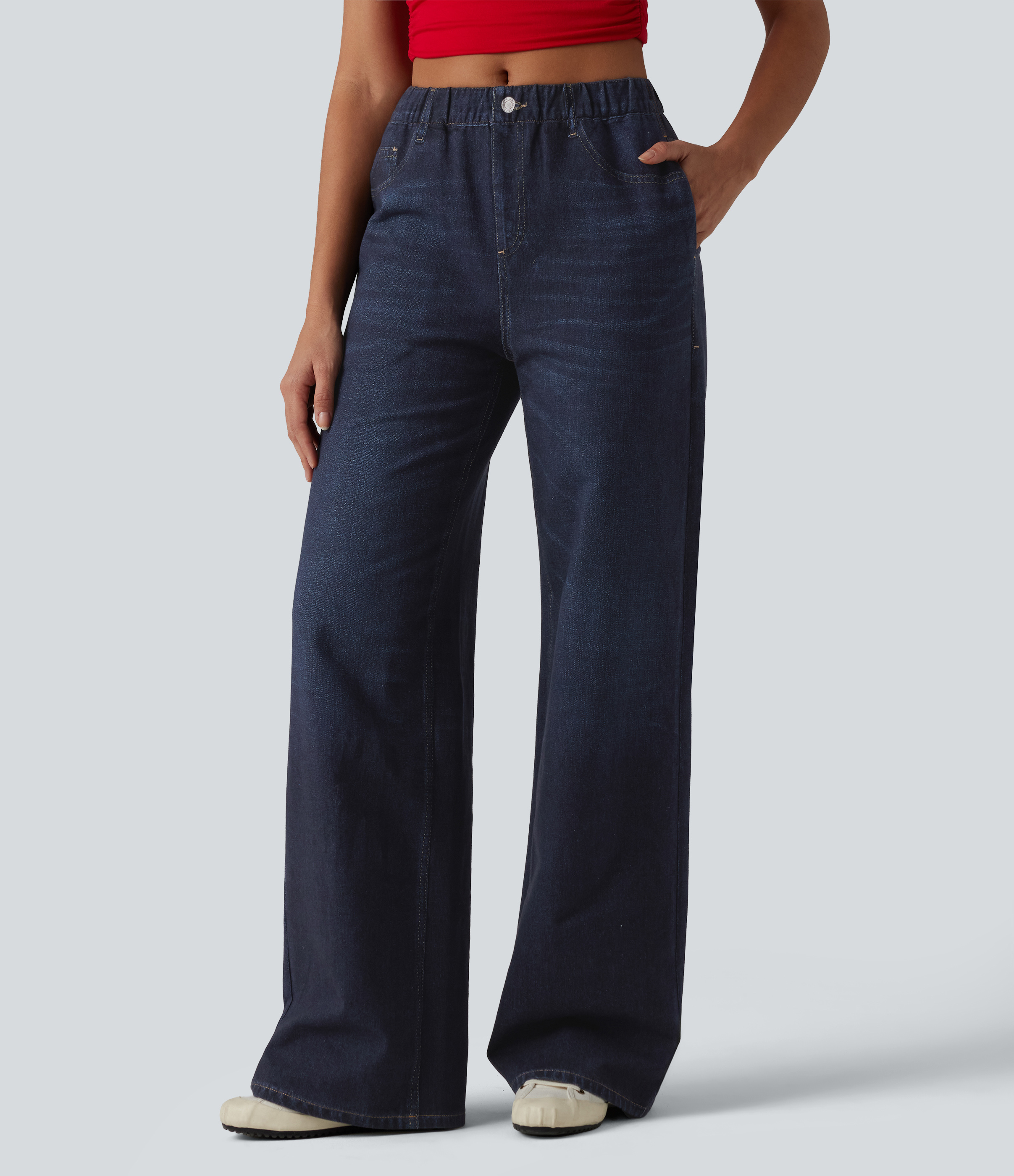 Mid Rise Denim Print French Terry Casual Sweatpants Jeans with Pockets  - Pageant Indigo Denim