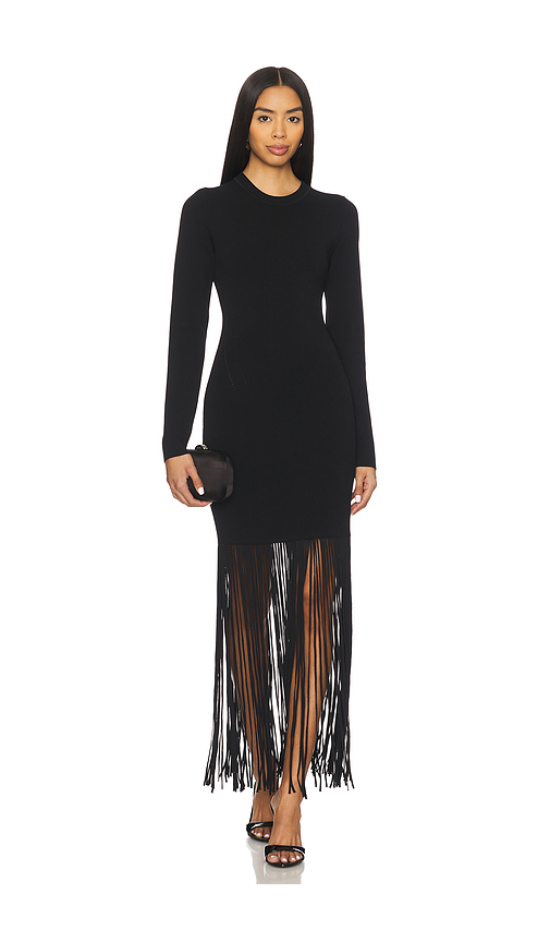 NICHOLAS Fiorella Long Sleeve Dress With Fringe in Black. XL. Also in L, M