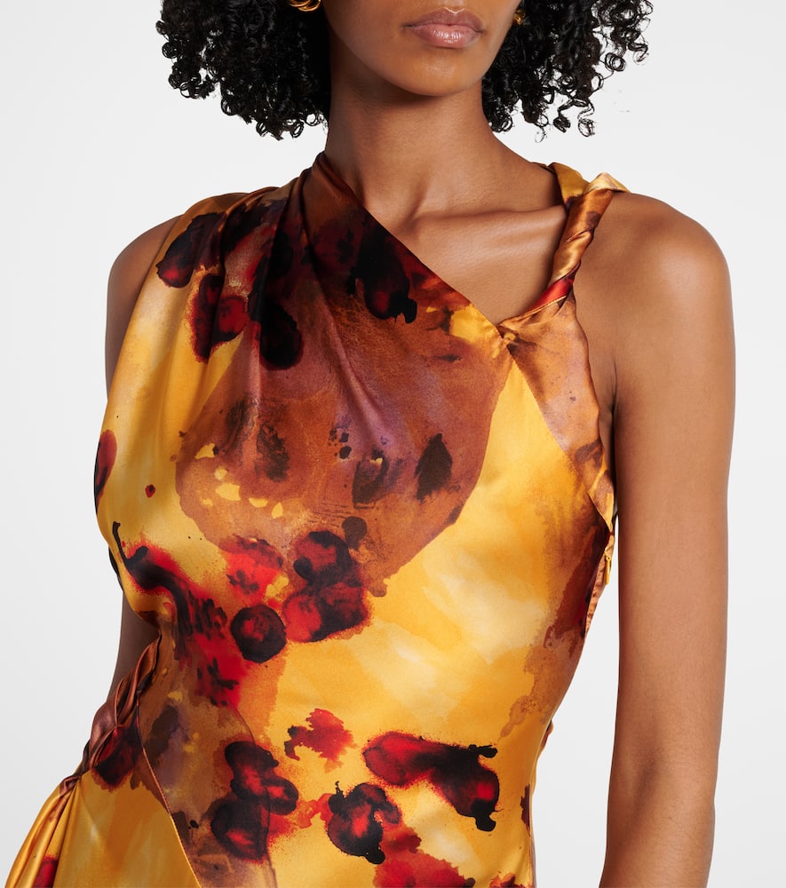Gathered lace-trimmed silk satin gown