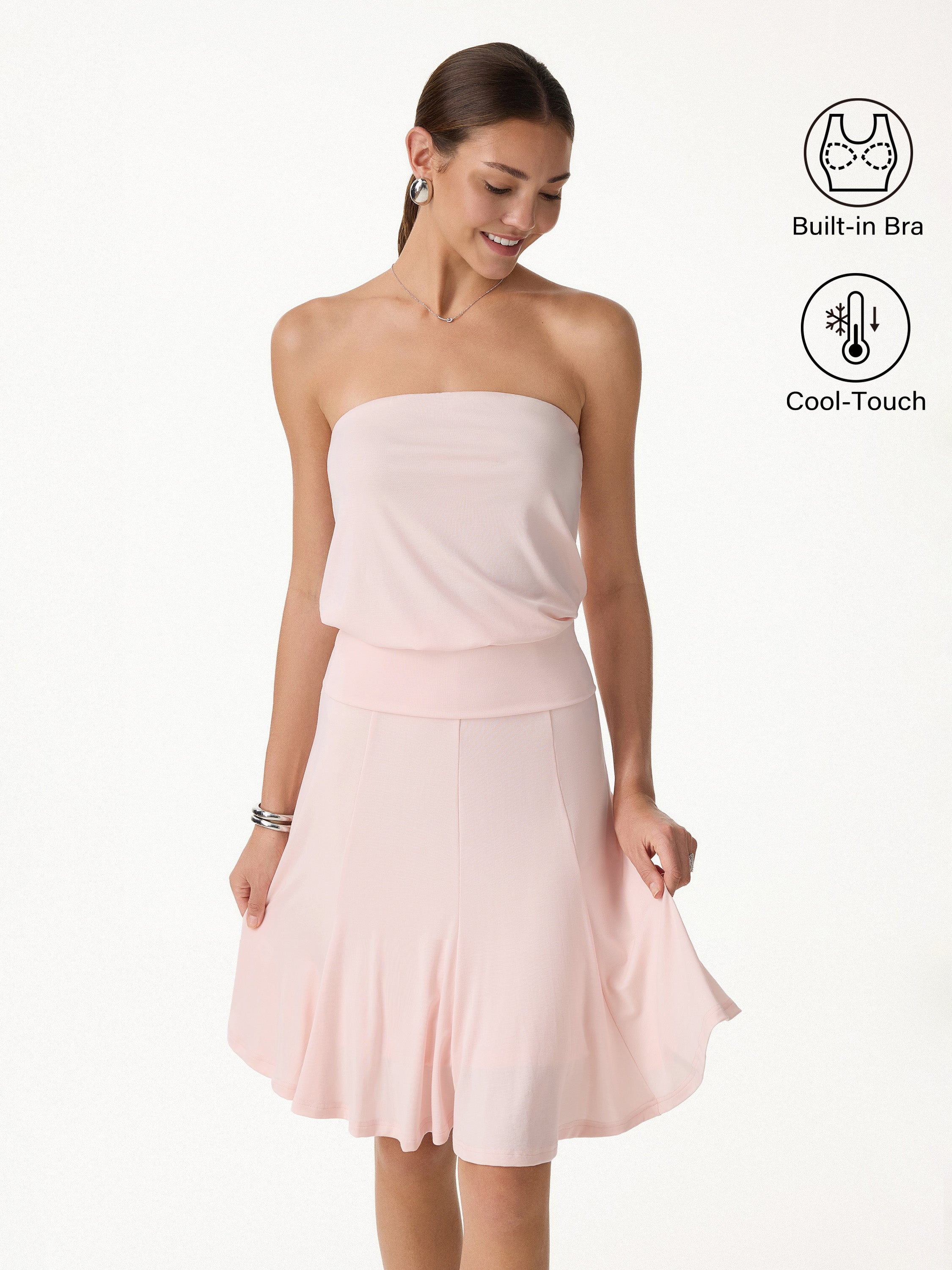 2Pcs Set Banded Hem Bra Top & Knee-Length Skirt - Peach Dust Pink / XS