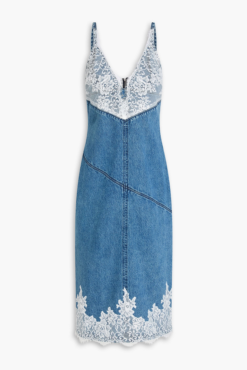 Lace-paneled denim midi slip dress - Blue - US 0
