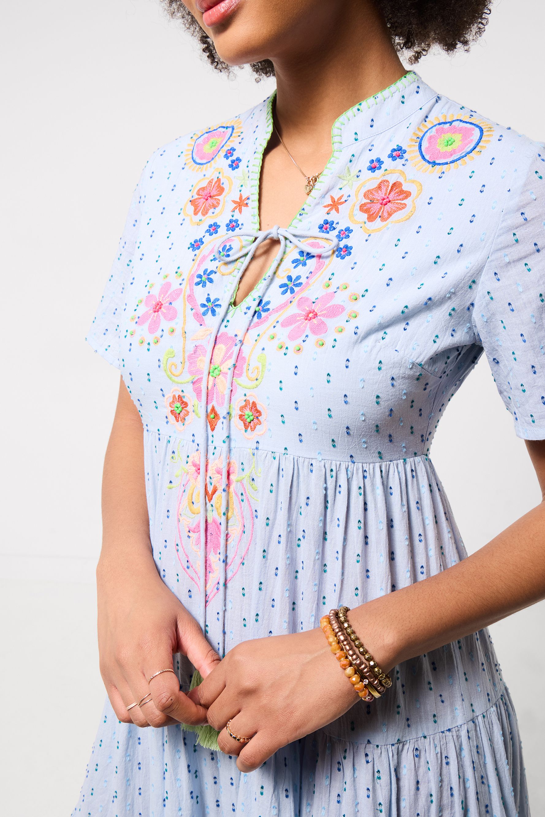 Joe Browns Embroidered Midi Dress With Tie Neckline And Tassel Trim In Blue