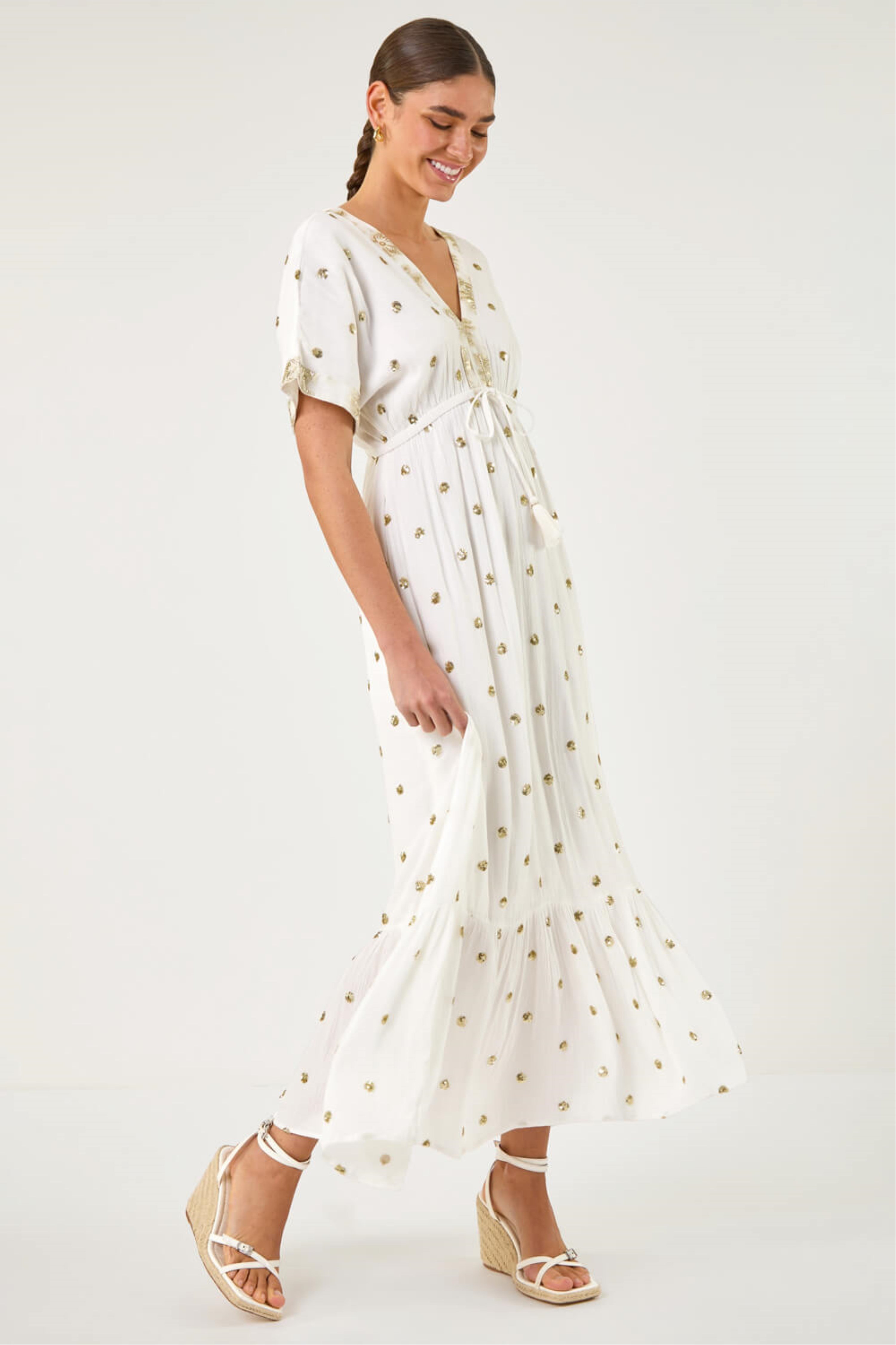Roman Womens Sequin Embellished Tassel Midi Dress - Ivory