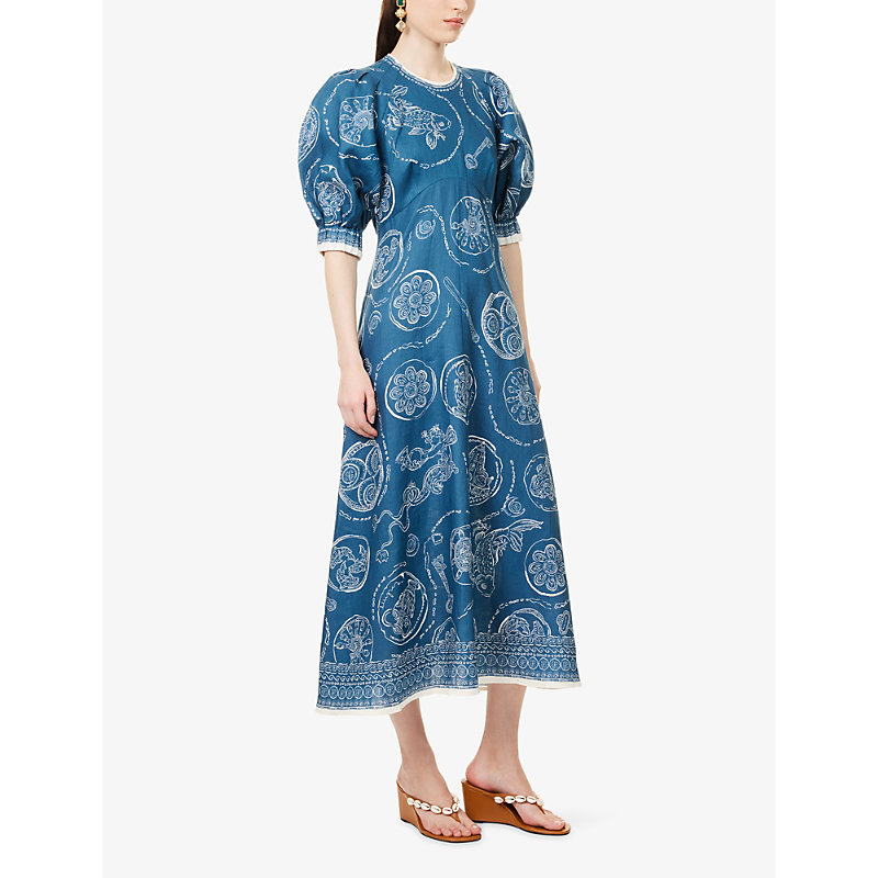 Womens Lucky Short-Sleeve Linen Midi Dress