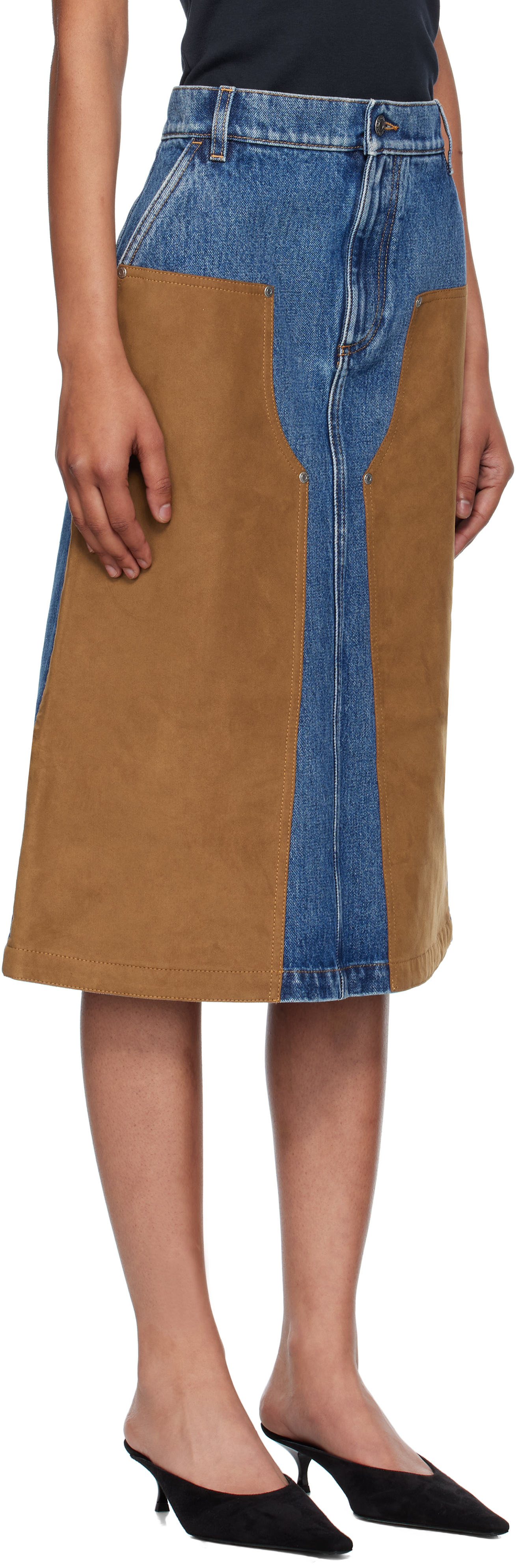 Blue & Tan Mixed Denim & Faux-Suede Midi Skirt