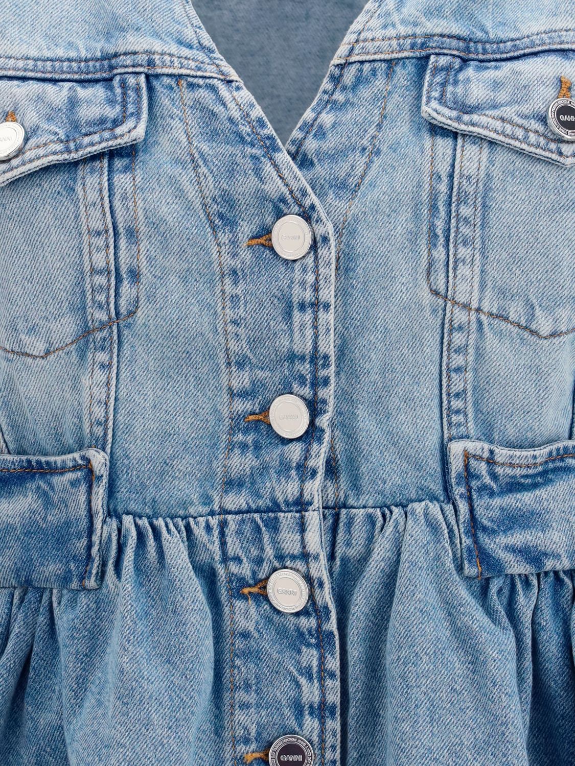 Slim Fit V-Neck Denim Top with Flounces